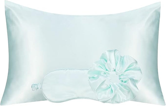 Vegan Silk Sleep Set, Silky Pillowcase with Large Scrunchie and Eye Mask for Hair and Skin, Self Care Essential Satin Night Routine Kit (Mint Blue Color)