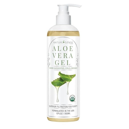 NaturSense USDA Organic Aloe Vera Gel from 100% Pure Aloe. Same Gentle Aloe, Pink/Amber Color is Natural. Great for Hair, Scalp, Face, Dry Skin, Acne, Sunburn, Sensitive Skin. Unscented, 12 oz.