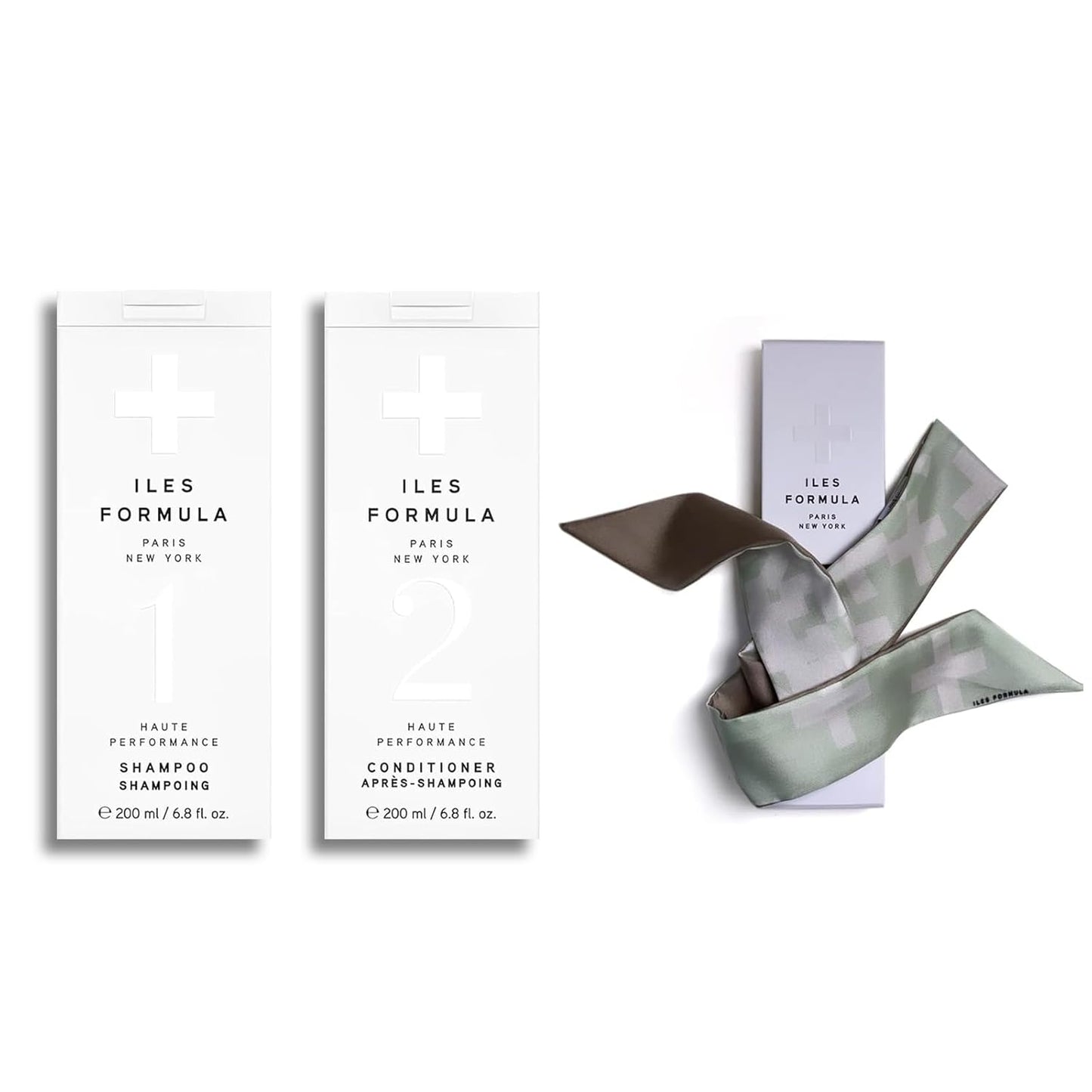 ILES FORMULA Haute Performance Shampoo + Conditioner + 100% Silk Hair Tie Set – Deep Cleanse, Detangle & Repair Damaged Hair – Color Safe, Sulfate-Free, for All Hair Types & Extensions (200 ml Each)