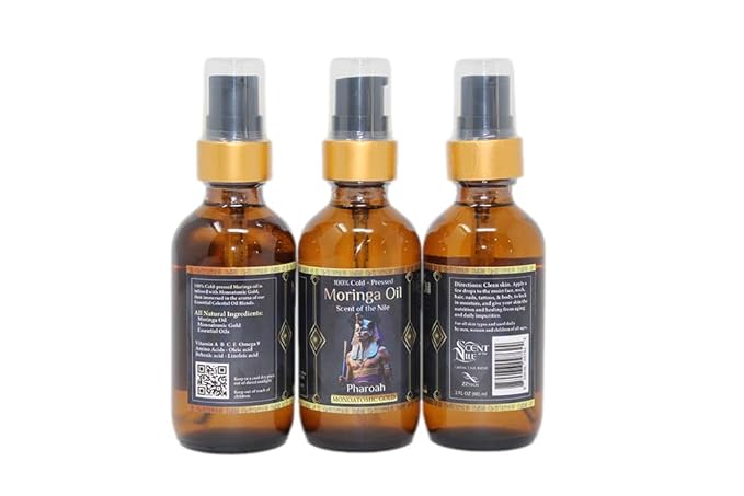 Pharoah - 100% Pure Moringa Oil blended with Leather, and Sweet Tobacco Essential oils and infused with Egyptian Ormus Gold - Pure Moringa Seed oil - Scent of The Nile - 1oz. (30 Ml)
