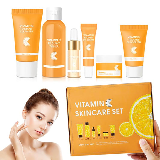 6 Pcs -Vitamin C Skincare Set for Face - with Cleanser, Serum, Eye Cream, Moisturizer, Sunscreen & Toner | Brightening, Hydrating& Anti-Aging,Perfect for Teens & Girls,Moisturizing Face Skin Care Kit