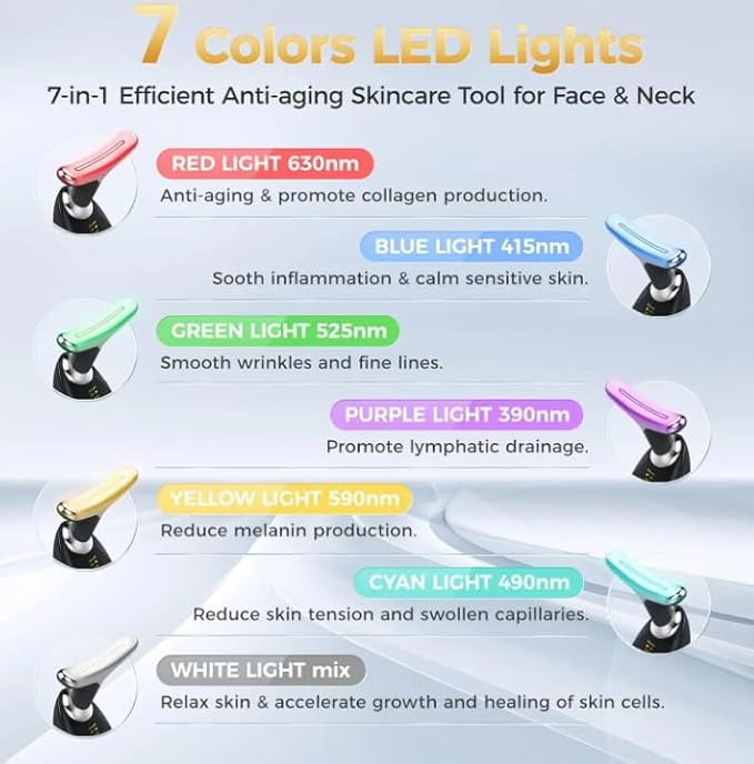 7- in- 1 Skin Care: This Facial Anti-Aging Device has Multiple Skin Care Functions, it has 7 Different Color and 3 Massage Modes, Meet Your Various Needs, so You can Enjoy Skin Care at Home.