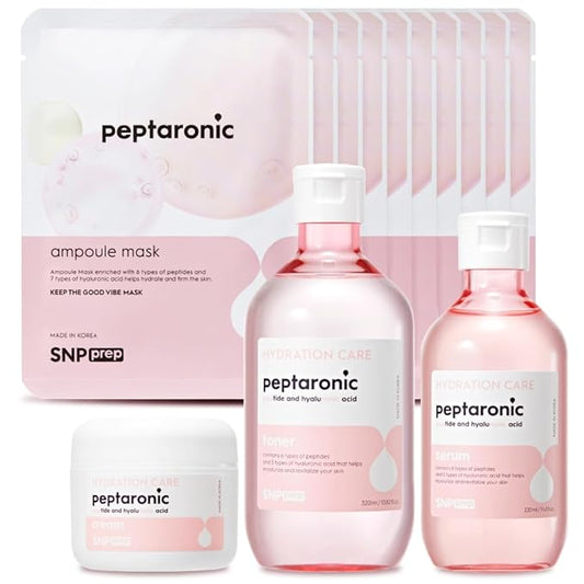 [K Beauty Snp] 4-in-1 Peptaronic Skincare Set | Peptide and Hyaluronic Acid Complete Skin Care Set | Includes Facial Toner, Cream, Face Serum, and Ampoule Sheet Face Masks | Skin Care Gift Set of 1