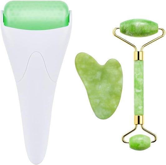 3-in-1 Natural Jade Roller and Gua Sha Set for Face and Eye Ice Roller Facial Cooling Massage Roller (White Ice Roller + Jade Roller + Gua Sha)