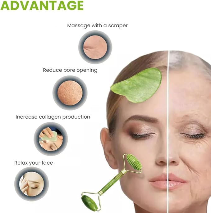 Bibabala 4-PCS Face Roller and Gua Sha Set, Skin Care Roller, Jade Roller Set, Face Stone Facial Roller Massage Tool for Face Eyes Neck Body, Smooth Wrinkles & Eye Puffiness(Green)