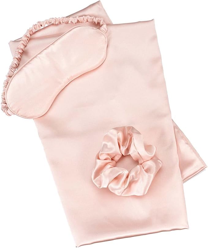 Vegan Silk Sleep Set, Silky Pillowcase with Large Scrunchie and Eye Mask for Hair and Skin, Self Care Essential Satin Night Routine Kit (Blush Color)