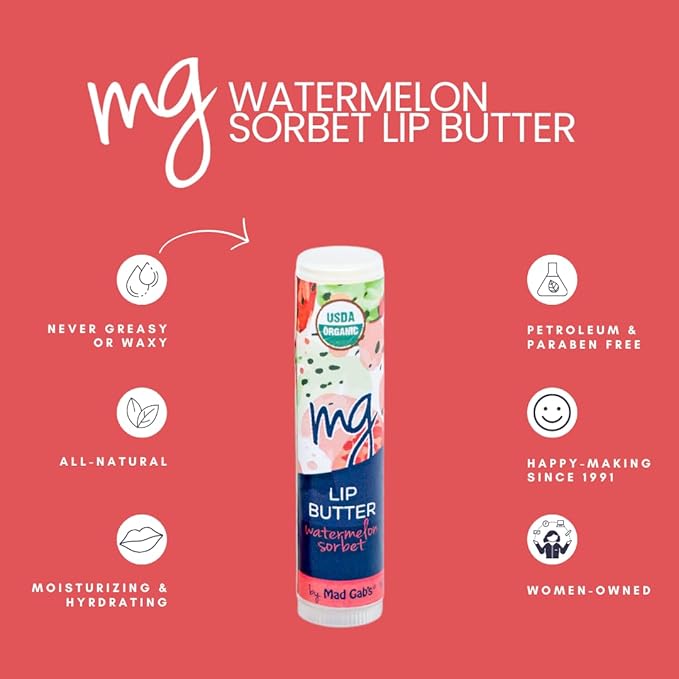 Mad Gab's MG Signature Watermelon Sorbet Lip Butter (3 Pack) | Natural & Organic | Hydrating, Shea Butter