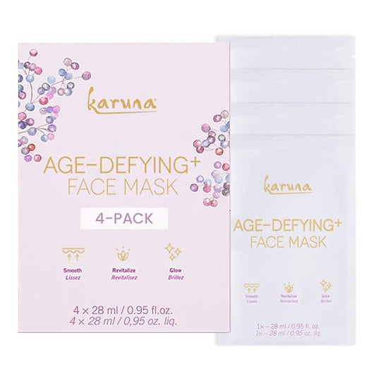 Karuna Skin - Age-Defying+ Face Masks for Dry, Mature Skin, Rejuvenating & Nourishing Sheet Masks Skincare Essential, Facial Mask with Elderberry, Calendula & Wild Yam, 4 Sheets per Pack