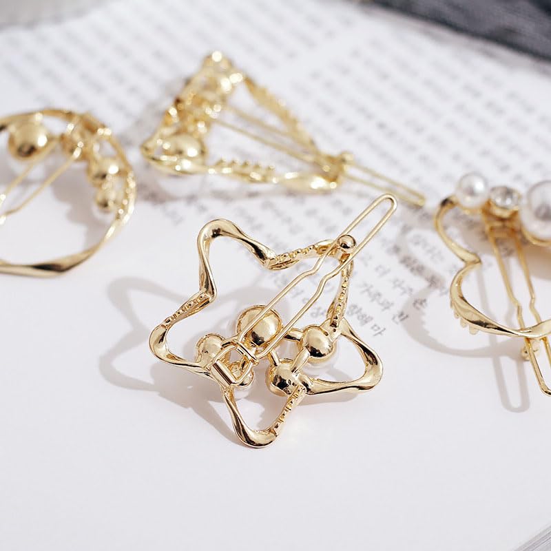 AKOAK 4 Pcs/set Heart-shaped Round Metal Hair Clip Pentagram Geometric Pearl Hair Clip Bangs Clip Ponytail Hair Accessories for Ladies and Girls