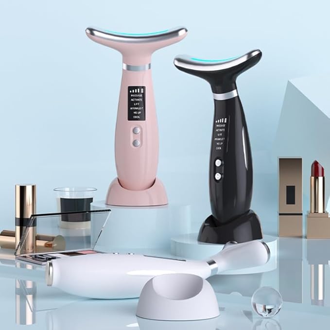 Facial Massager -7 Color Red-Light-Therapy for Face and Neck for Wrinkles, Double Chin, Vibrating Facial Massager with Thermals (White8)