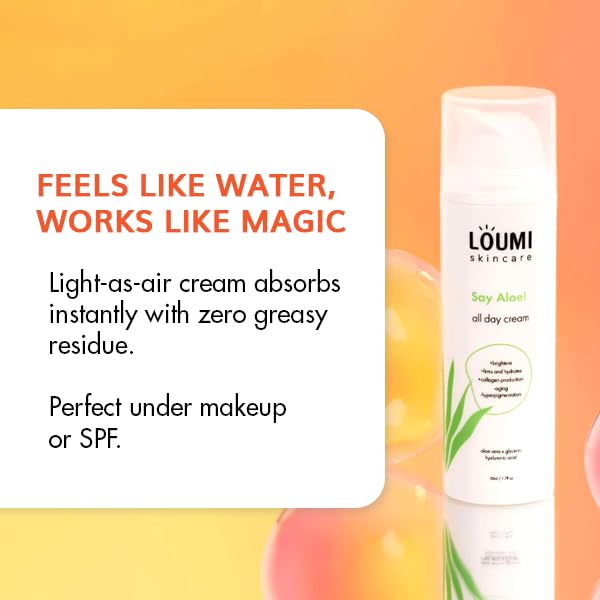 LOUMI Skincare Lightweight Hydrating Aloe Face Cream, Aloe Vera, Algae, And Hyaluronic Acid, Soften And Brighten Skin, Made In The US