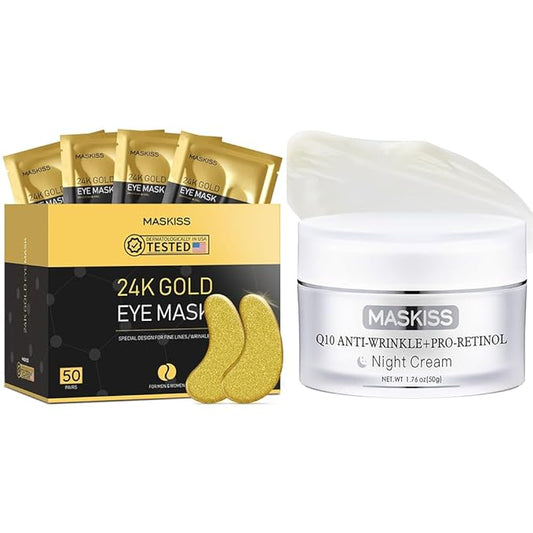 24K Gold Under Eye Patches (50 Pairs) & Q10 Anti-Wrinkle Night Cream, Pro-Retinol Face Moisturizer for Firming, Hydrating & Anti-Aging Skincare