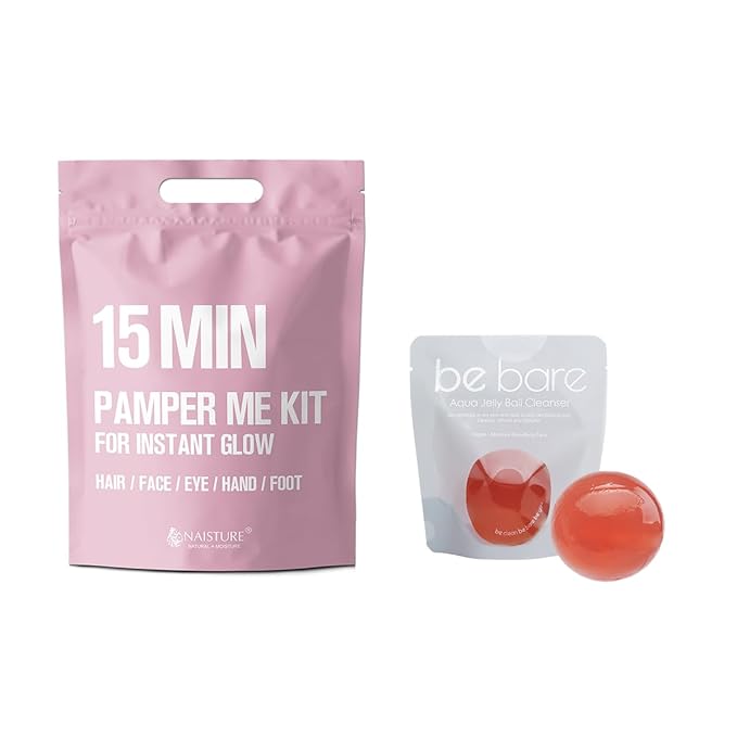 Pamper Me Kit & Be Bare Peachy Jelly Ball Cleanser, Korean Face Wash and Masks Self Skin Care Gifts for Moisturizing, Protectant, Exfoliation and Hydrating -Fresh Aqua (7 pc and 1.41oz)