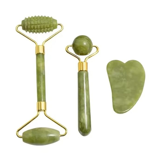 Jade Facial Massage Set,3 Piece Skin Care Tools With Roller and Massager