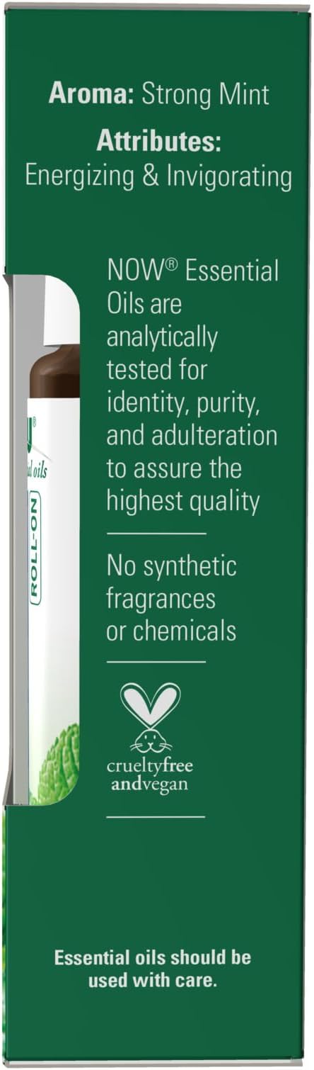 NOW Foods Essential Oils, Peppermint Roll-On, Certified Organic, Energizing Blend, Steam Distilled, Topical Aromatherapy, 10-mL