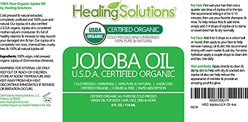 Healing Solutions Oils Organic Jojoba Oil 4 oz Pure Cold Pressed 100% Natural Serum for Hair, Skin, Face, Body, Scalp, Cuticle & Nail, Unrefined Moisturizing & Acne Fighter Treatment 118 ml