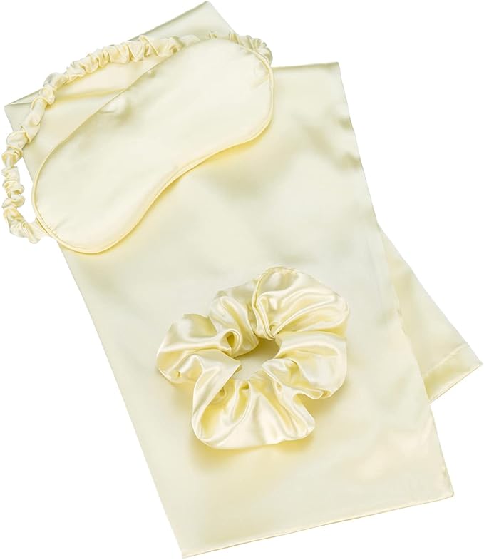 Vegan Silk Sleep Set, Silky Pillowcase with Large Scrunchie and Eye Mask for Hair and Skin, Self Care Essential Satin Night Routine Kit (Light Yellow Color)