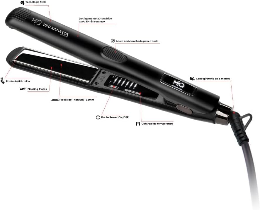 MQ Hair - Professional Pro 480 Velox Hair Straightener - Flat Iron, Advanced Titanium Plates, Quick Heating, Salon-Grade Results, Enhanced Safety- Sleek Ergonomic Design - Black