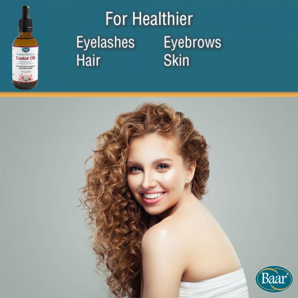 Baar Palma Christos Castor Oil, Organic, 100% Pure, Cold-Pressed, Hexane-Free Products. Helps with Conditions for Hair Growth for Eyebrows, Hair, and Eyelashes. Natural Hair Treatment Oil 2 oz.
