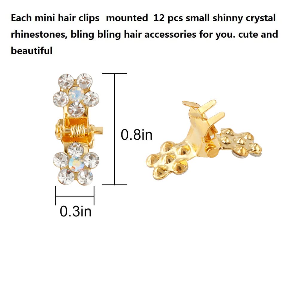 Small Hair Accessories: Mini Claw Clips with No-Slip Grip, Glitter and Rhinestone Details, Metal Clamps in Mixed Colors for Girls and Women (Gold-White Crystal)