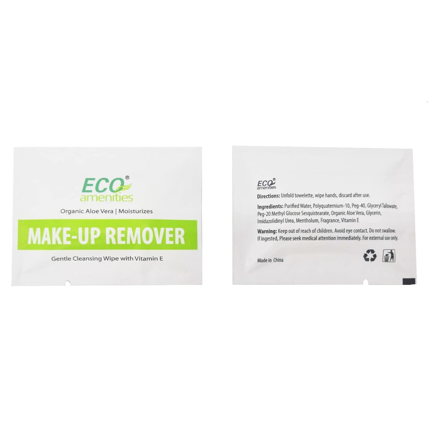 ECO amenities Makeup Remover Wipes Aloe Vera & Vitamin E - 540 Count Individually Wrapped Packets - Unscented Fabric Face Cleansing - Bulk Makeup Wipes for Hotels & Motels