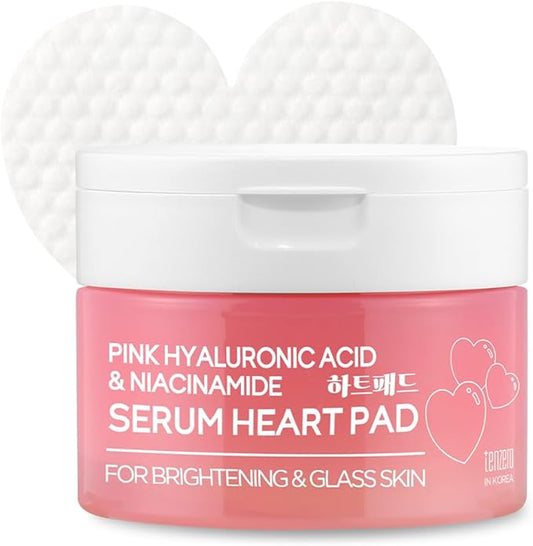 TENZERO Pink Hyaluronic Acid Niacinamide Serum Heart Pad 50ea, Hydrating & Brightening Glowing Face Toner Pads, Korean Facial Radiance Pads, Dry Skin, 150g