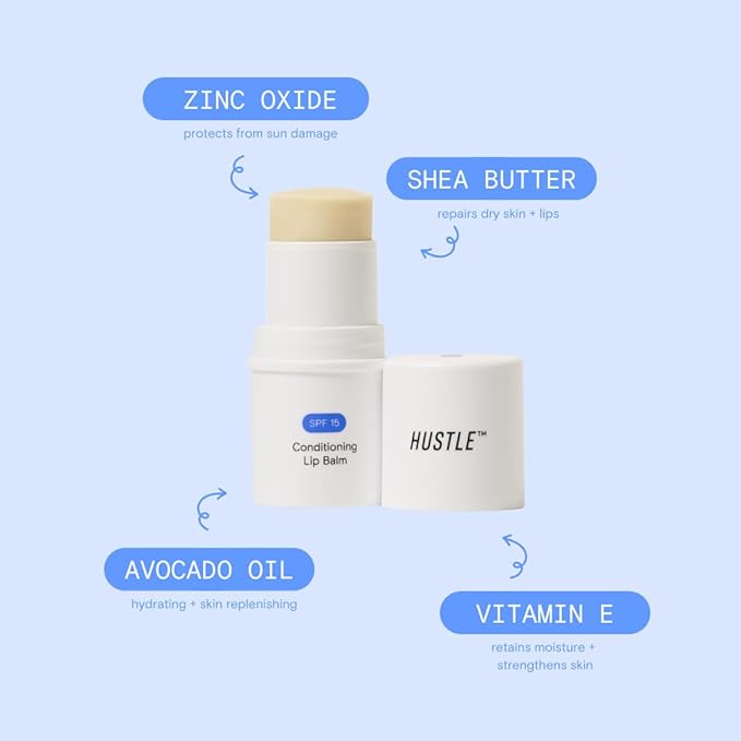 Hustle Beauty Conditioning Lip Balm with SPF 15 – Hydrating, Peppermint-Infused Lip Care with Shea Butter, Avocado Oil, Vitamin E for All Skin Types