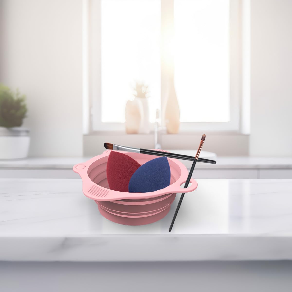 2PC Foldable Silicone Makeup Brush Cleaner Pad Bowls, YalsFTY Portable Mat Scrubber Cleaning Tool for Makeup Brushes (Pink and Green)