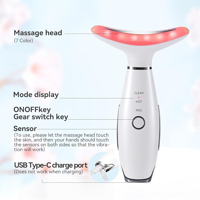 Neck Face Massager, 7 Color Facial Massager for Skin Care at Home, Face Sculpting Tool with Thermal and Vibrating, White