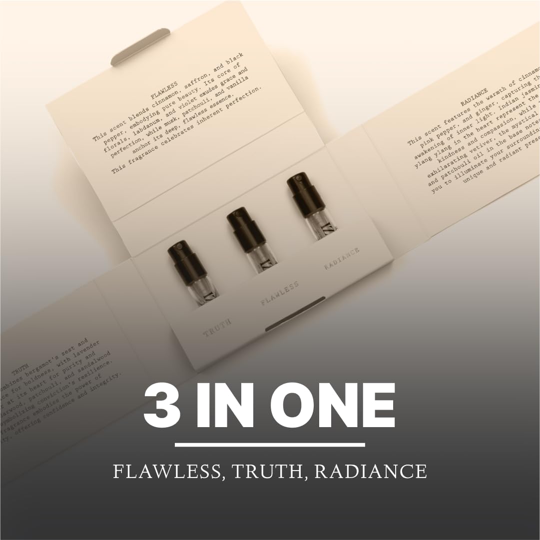 Discovery Trio Pack Eau de Parfum Set – 3 x 2ml Luxurious Fragrances for Men & Women, Includes Truth, Radiance, and Flawless, 22% Concentration, 8+ Hour Longevity, Day & Night Wear
