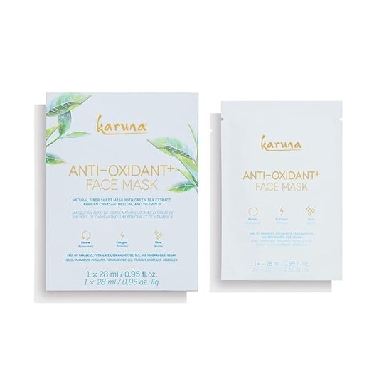 Karuna Anti-Oxidant+ Sheet Masks for Revitalized Skin, Moisturizing & Hydrating Face Masks Skincare Essential, Sheet Mask with Green Tea, Licorice & Chrysanthellum, 1-Pack