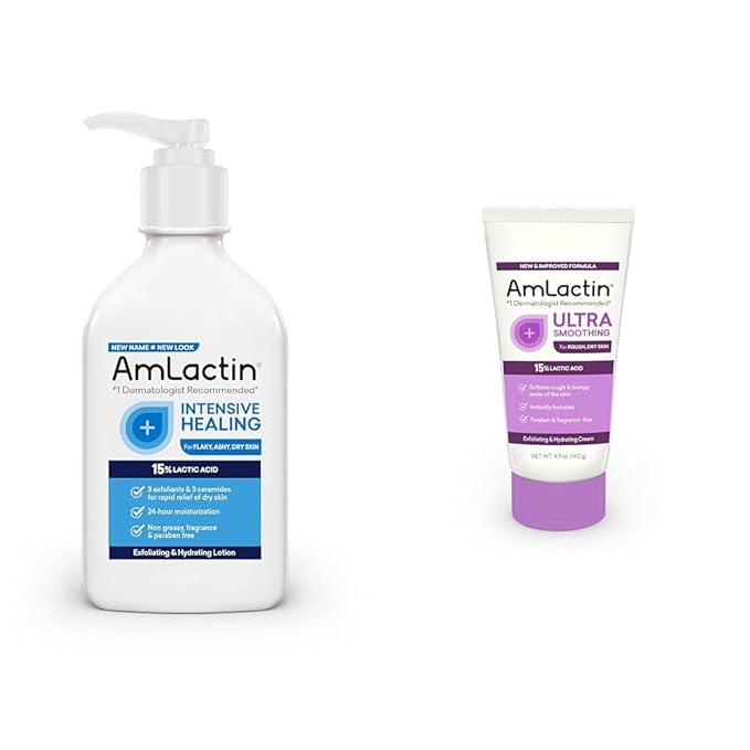AmLactin Intensive Healing Body Lotion for Dry Skin – 7.9 oz Pump Bottle & Ultra Smoothing-4.9 oz Body & Hand Cream with 15% Lactic Acid-Exfoliator and Moisturizer for Rough and Bumpy Dry Skin