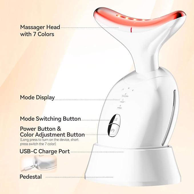 Facial Massager, Red-Light-Therapy Face & Neck Massage Gun, 7 Color, 3 Modes for Skin Care, Face Sculpting Tool