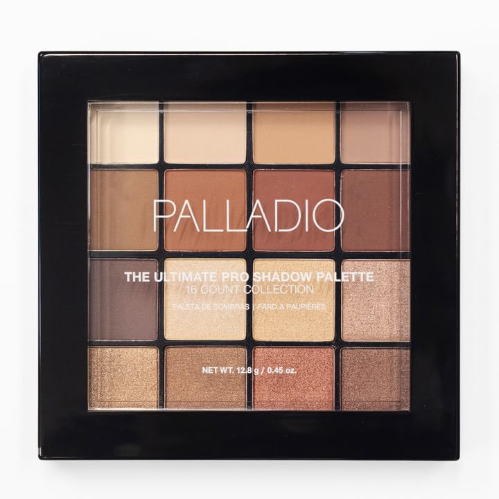 Palladio Ultimate Pro Eyeshadow Makeup Palette, 16 High-Pigmented Powder Colors, Matte, Shimmer, Satin Finishes, Natural Nudes
