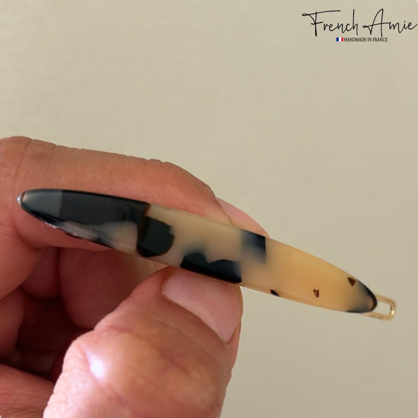 French Amie Narrow Oblong Small 2 1/4" Celluloid Acetate Set of 2 Side Slide In Hair Clip Barrettes with Tige Boule Clasp for Girls and Women, Made in France (White Tokyo)