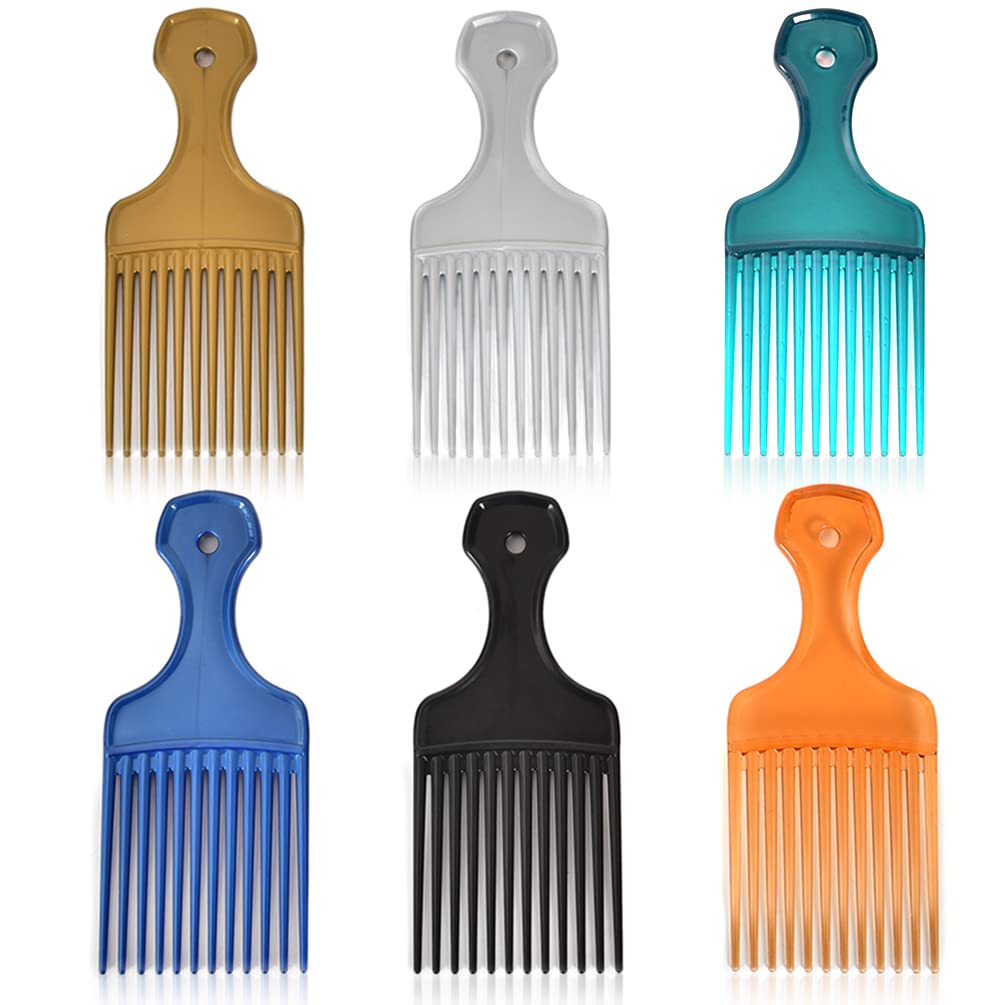 6 Pack Wide Tooth Afro Picks for Curly Hairstyling, 6.3 Inch Plastic Afro Combs for Women and Men (6 Colors)