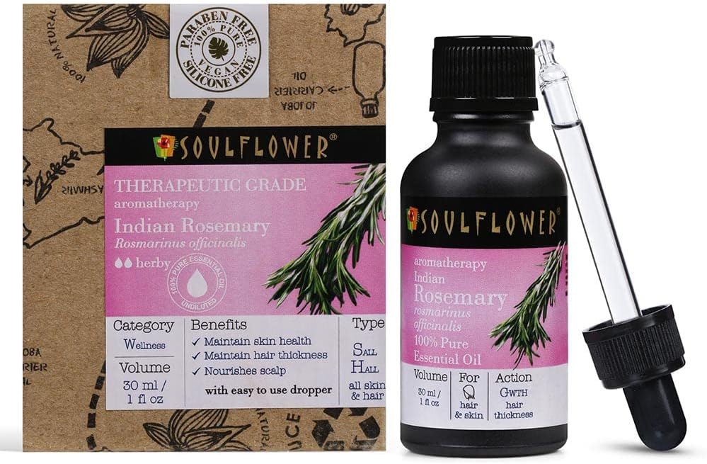 Soulflower 100% Pure Rosemary Oil for Hair Growth, Hair Fall Control, Strengthening, Volumising Hair Oil for All Types | Organic Certified (1 fl oz)