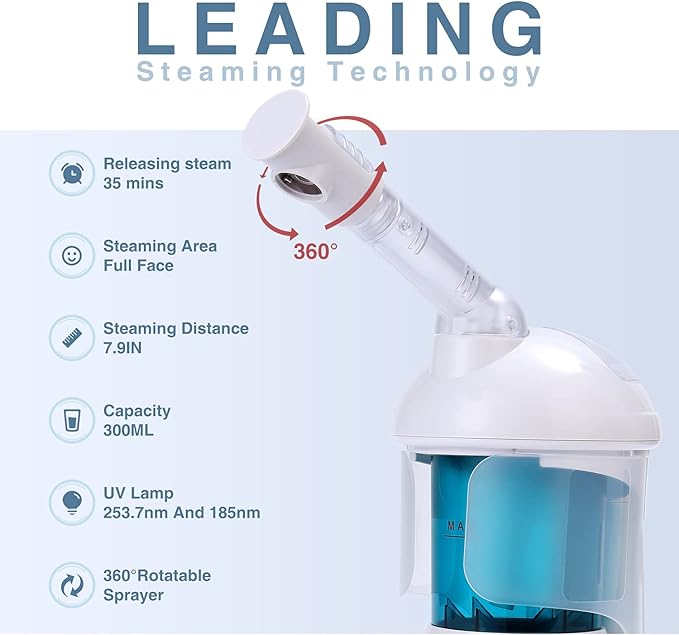 DYB Portable Facial Steamer, Nano Ionic Face Steamer with 360°Rotatable Sprayer,Mini Facial Steamer for Salon and Spa,1 Piece Headband and 4 Pieces Steel Skin Kits.