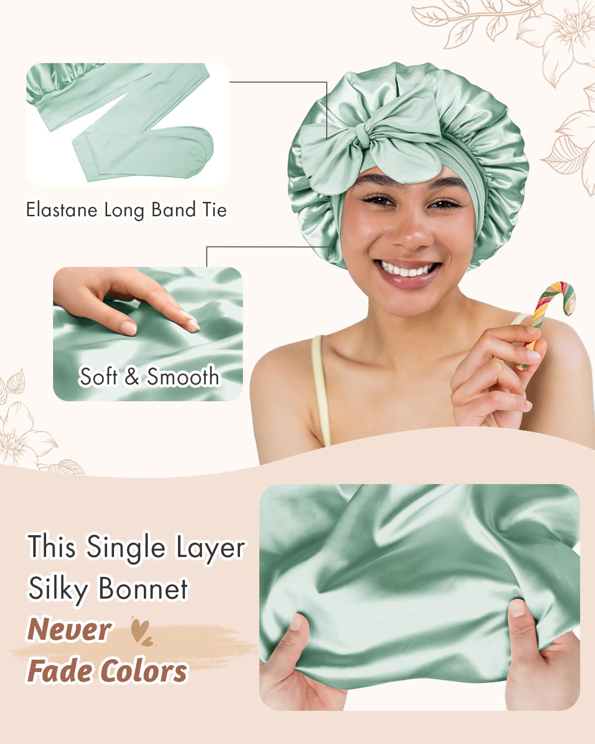BONNET QUEEN Silk Bonnet for Sleeping Women Satin Bonnet Night Sleep Cap Wrap for Curly Hair with Adjustable Tie Band, Single Layer, Small, Sage