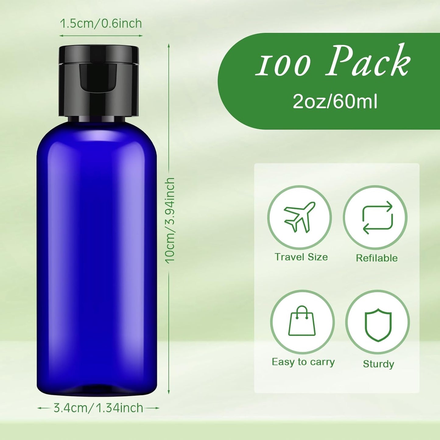Eccliy 100 Pack 2 oz Travel Bottles Plastic Bottles with Lids Refillable Travel Size Cover Cap Plastic Liquid container for Toiletries Lotions Shampoo Creams Dispensing with 5 Funnels(Blue)