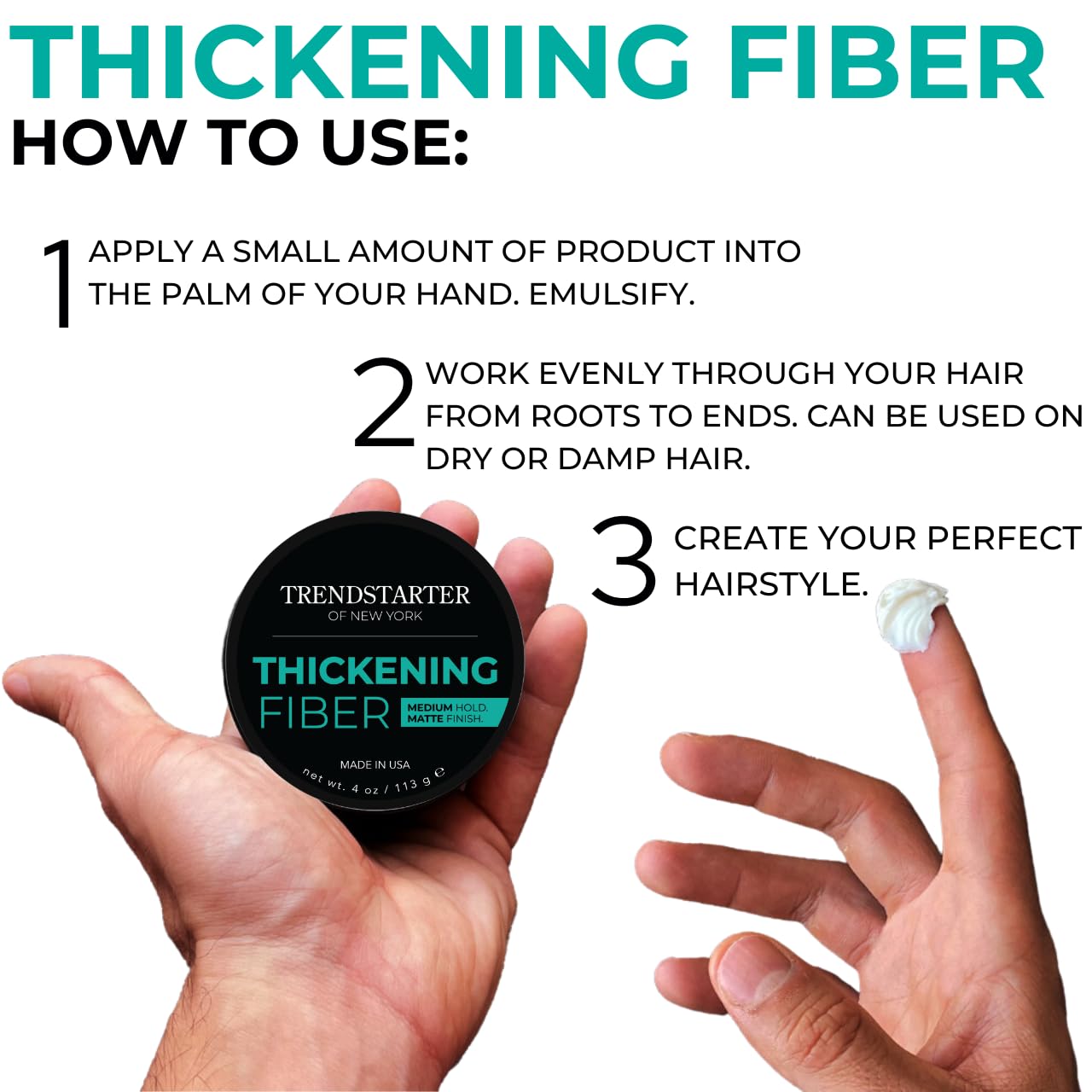 TRENDSTARTER - THICKENING FIBER (4oz) - Medium Hold - Matte Finish - Premium Hair Thickening Clay Pomade - Water-Based - All-Day Hold Styling Product