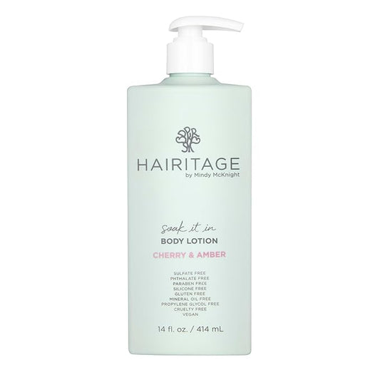 Hairitage Soak it In Cherry & Amber Scented Body Lotion - Moisturizes + Softens Skin - Niacinamide, Jojoba Oil, + Avocado Oil for All Skin Types - Vetiver + Guaiac Wood Essential Oils, 14 fl. oz.