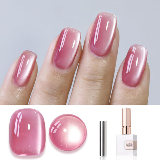 Double Rhythm Jelly Glass Cat Eye Gel Polish with Magnet 15ML Holographic Glitter Shimmer Translucent Sheer Color Magnetic Nail Polish Salon DIY at Home (Jelly Pink-MC1105)
