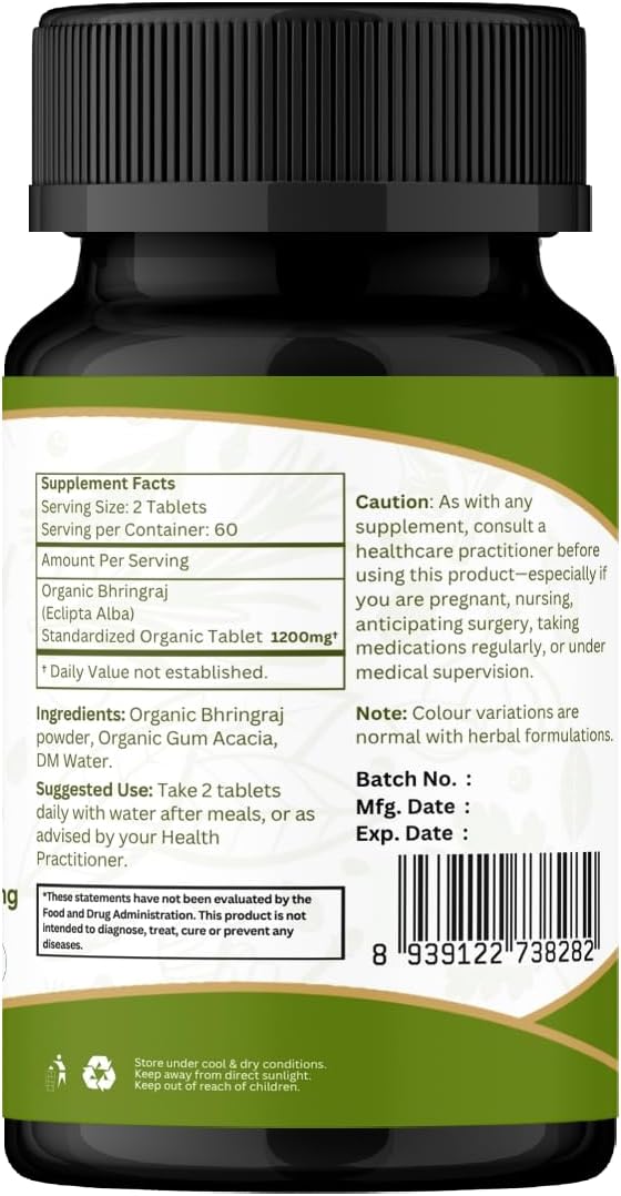 Bhringraj 120 Tablets | Eclipta Alba (Bhringraj) | USDA Organic Certified | Ayurvedic Hair Care | Organic and Natural 120tab - Pack of 3