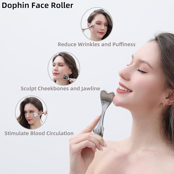 Stainless Steel Gua Sha & Face Roller, 3-in-1 Dolphin Facial Roller for Esthetician Supplies Women Gift, Skin Care Tool for Puffiness, Wrinkles, Dark Circles (1 Pc)
