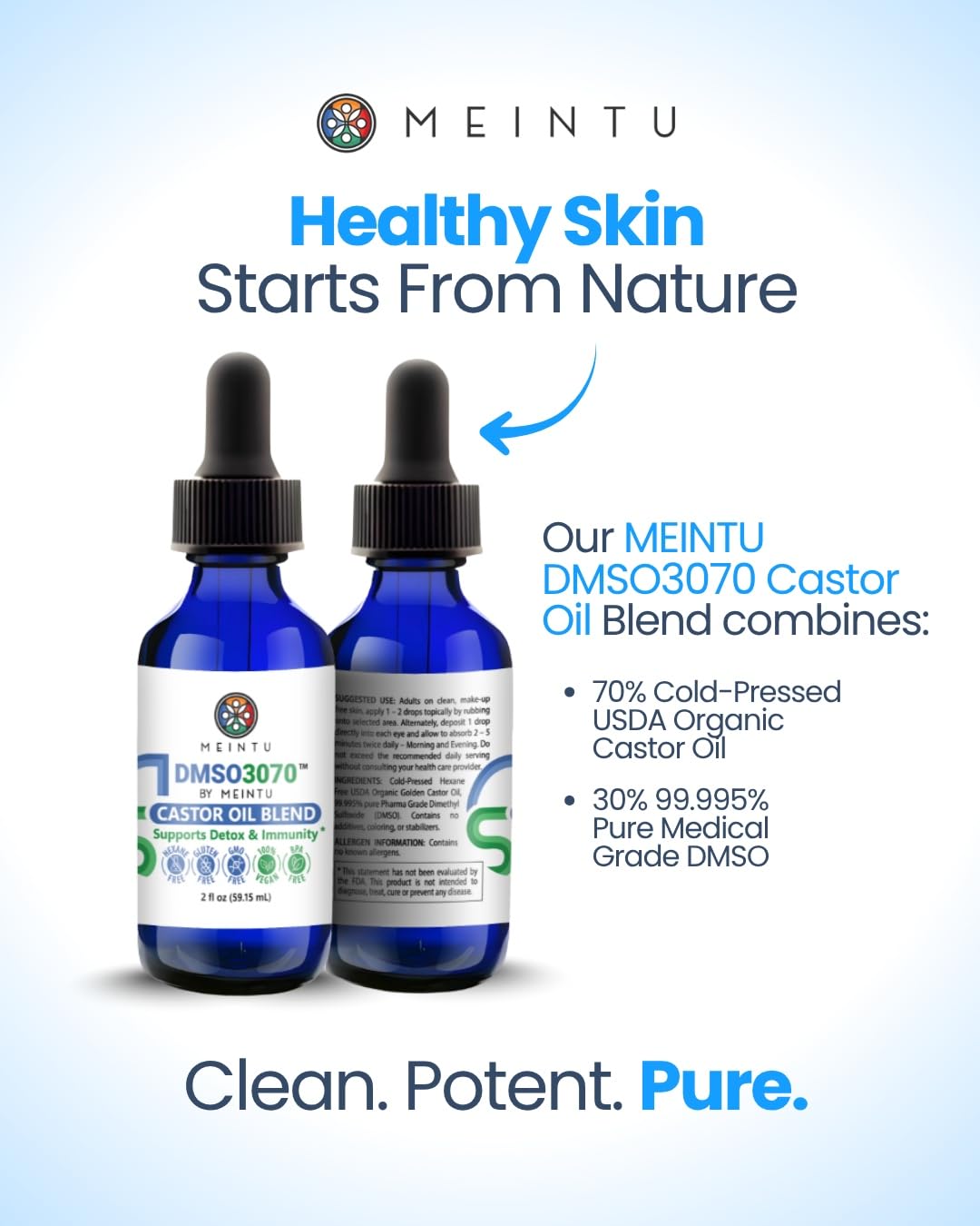 MEINTU DMSO Castor Oil- Pure Cold Pressed Organic Blend Supports Skin Renewal, Detox & Immune Balance- Hexane Free for Face, Joint & Muscles- Vegan Castor Oil for Eyelashes- 2 Oz