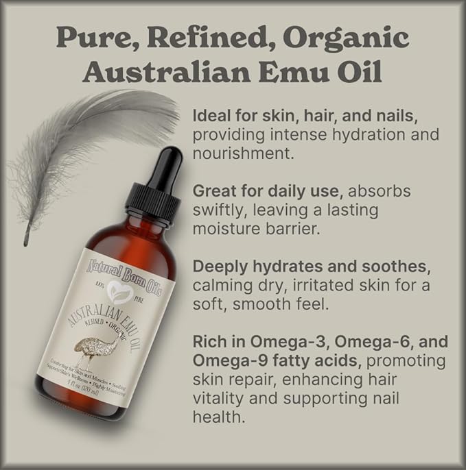 Natural Born Oils Australian Emu Oil, 4oz, Organic, Fully Refined, High in Omega-3 & 6, Perfect for Skin Nourishment, Hair Revitalization