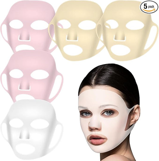 5 Sheets Silicone Face Mask Cover Reusable Moisturizing 3D Facial Mask Holder Prevent Evaporation Falling Transparent Skincare Beauty Ear-Hook Loops Cryo Rubber Face Mask Spa Tool