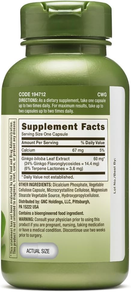 GNC Herbal Plus Ginkgo Biloba 60mg, 100 Capsules,