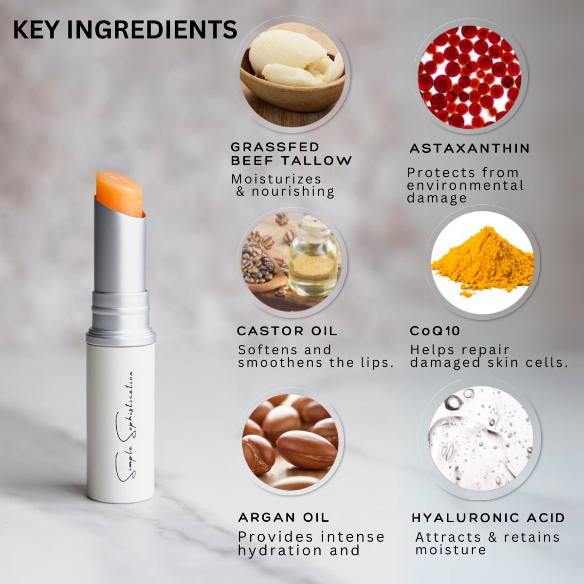 Tallow Lip Balm - Anti-Aging with 100%-grassfed Beef Tallow, CoQ10, Astaxanthin, Hyaluronic acid - Ultra Moisturizing, Conditioning, All natural, Organic, Made in USA (Untinted)